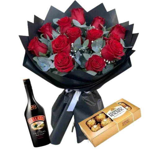 Ramo de 12 rosas importadas rocher x8 y baileys 